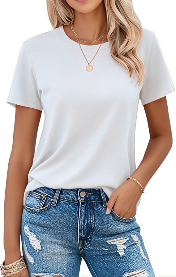 MAGCOMSEN Womens White T-Shirt Short-Sleeve Crew-Neck Shirt Classic-fit Breathable Cotton Tee Casual Basic Solid Tops, White, M