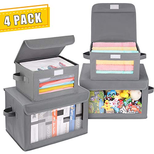 DIMJ 4 Stück Aufbewahrungsbox  Faltbar Aufbewahrungskiste mit Deckel und Sichtfenster aus Kunststoff  für Kleiderschrank, Kleidung, Bücher, Kosmetik, Spielzeug usw.