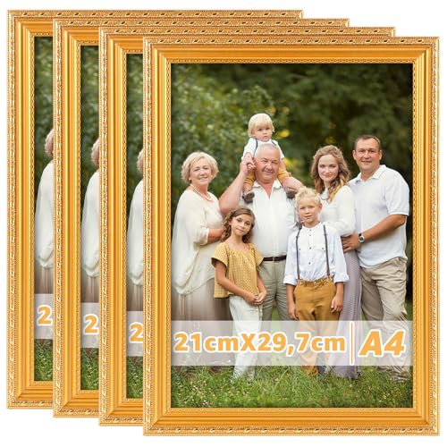 LOLYSIC Lot de 4 cadres photo artistiques - Vintage - Doré - 21 x 30 cm (A4) - Style baroque - Avec vitre en verre/cadre en plastique - Pour certificats,...