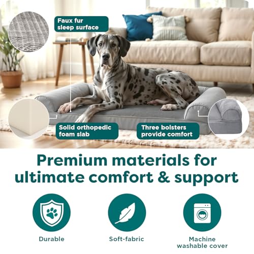 Image of FurHaven Orthopedic Dog Bed For Large Dogs, Sofa Contour Mattress with Solid Orthopedic Foam Slab for Joint Support, Removable Washable Cover, Jumbo Plus XXL, Faux Fur, Charcoal