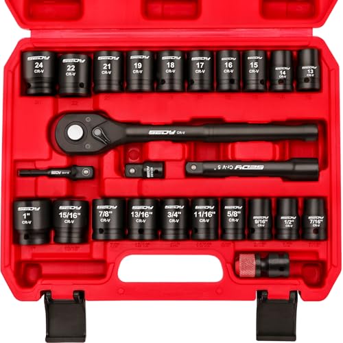 1/2' Drive Socket Wrench Set: 25-Piece SAE & Metric Impact Socket Ratchet Wrench Tool Set Socket Assortment with Storage Box for Repair Mechanic Garage