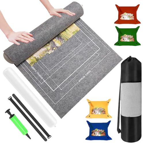 Image of PATPAT Felt Puzzle Floor Mat Puzzle Storage Mat for 1500 Count Jigsaw Puzzle Pieces, with 4 Puzzle Pieces Organizer Tray, Air Pillar, Air Pump, Fastener Strap, Storage Bag, No Jigsaw Puzzle Included