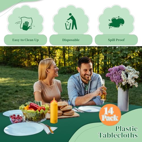 Image of Dark Green 14 Pack 84 Inch Plastic Tablecloths, Disposable Round Tablecloth, Party Table Cover Plastic Table Cloth
