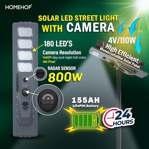 Image of Homehop Solar Light Outdoor Home Garden Security Camera 800W Street Lamp | Solar Street Light Outdoor Waterproof Motion Sensor LED Automatic for Pathway, Road (155000mAh, Aluminium Alloy, Cool White)