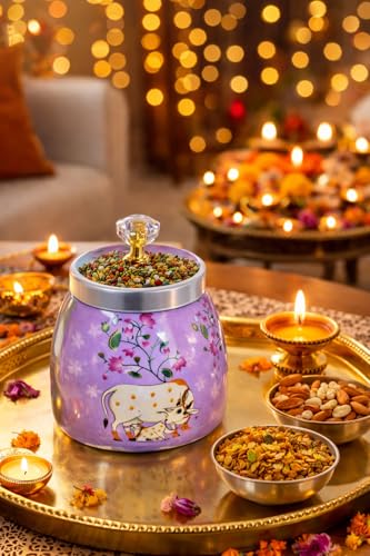 Image of Decorative Flower Printed Pichwai Jars | Metal Storage Jars with Lid | Traditional Indian Art Containers for Sweets, Spices, Pooja & Return Gifting