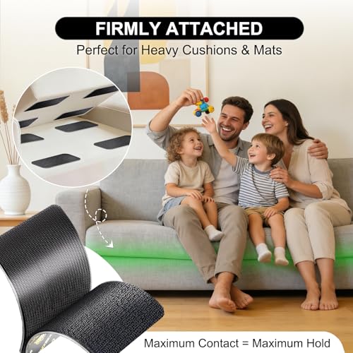 Image of Heavy Duty Hook and Loop Strips with Adhesive (4 Pairs) - 4 inch x 8 inch Extra Large Couch Cushion Non Slip Pads, Stop Sliding Sofa Gripper Tape, Strong Sticky Back Fastener for Furniture & Car Mats - Black