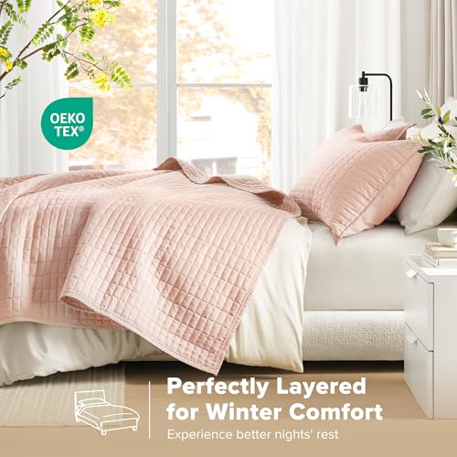 Comfort Spaces Kienna Quilt Set- Double Sided Stitching Design Summer Blanket, Lightweight, Soft, All Season Bedding Layer, Matching Sham, Blush, Coverlet Full/Queen(90"x90") 3 Piece