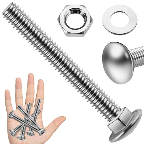 Image of (6 Sets) 3 /8-16 x 3 Carriage Bolts with Nuts and Washers, 304 Stainless Steel Round Head Square Neck 3 /8 Carriage Bolts Screws, Full Thread for Outdoor