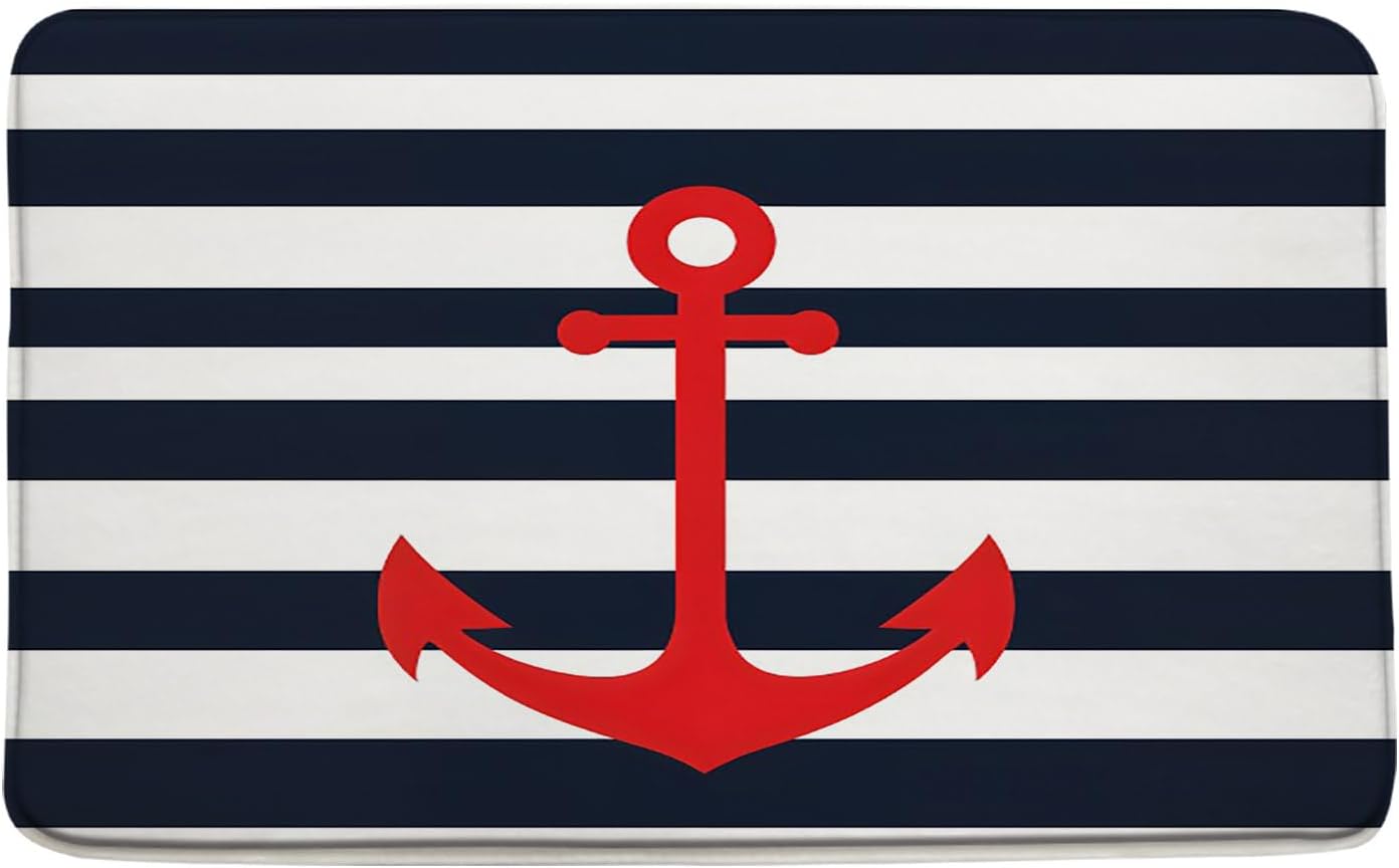 Anchor Bath Mat Nautical Navy Blue Red Geometric Striped Bathroom Kitchen Toilet Rugs,24x71 Inch