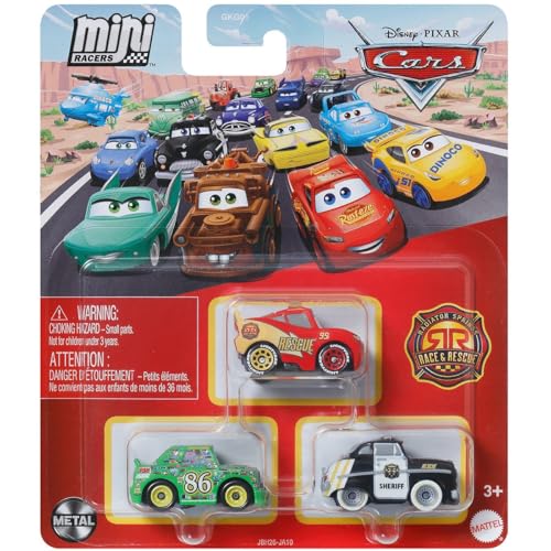 Disney Cars Mini Racers Lot de 3 ressorts de radiateur Race & Rescue Lightning McQueen, Shérif, Chick Hicks