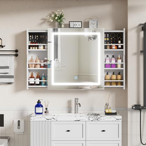 CASANOOKK Bathroom Medicine Cabinet Mirror with LED Lights,Sliding Wall Mounted Bathroom Storage Cabinet,Medicine Cabinet with 3 Lighting Modes,Adjustable Brightness,Located Above The Toilet,White