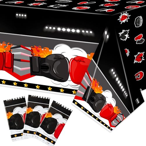 ArowlWesh 3Pcs Boxing Birthday Party Tablecloth - 87x 51 Inches Plastic Boxing Gloves Table Cover Disposable Fight Sports Table Cloth for Kitchen Picnic Match Birthday Party Decor Supplies