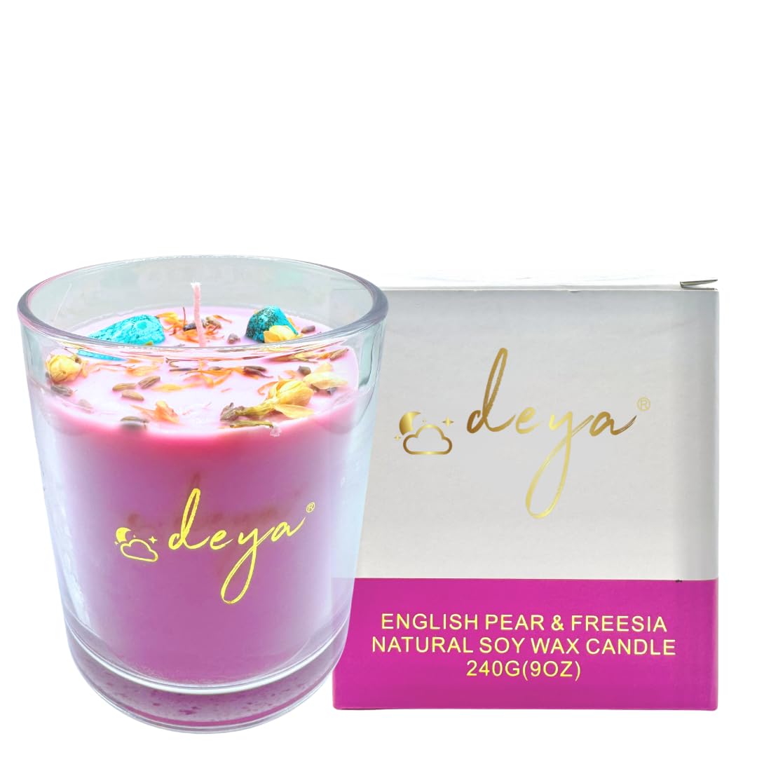 Deya Men's Various Colours Natural Soy Wax Candle | Healing Crystals&Dried Flowers | Single Wick | Up To 45 Hours Burning Time | Natural Fragrance | Vegan | Aromatherapy | Best Gift For And Wo (English Pear&Freesia)