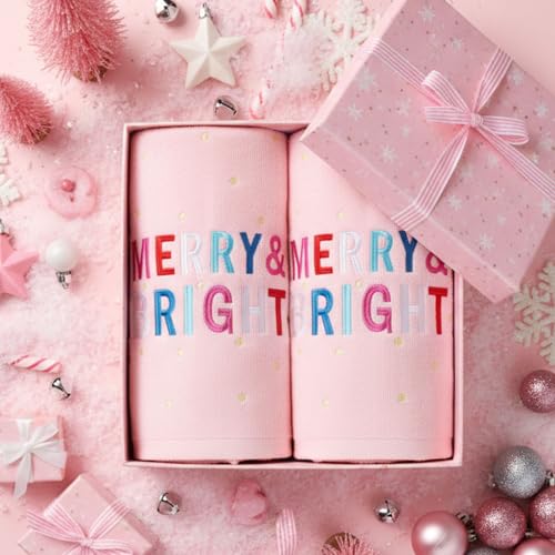 Hahafelt 2 Pack Christmas Hand Towels for Kitchen Bathroom 14x30 Inch Pink Bright Merry Embroidered Cotton Towels for Drying Cleaning, Cooking Housewarming Home Gift Winter Decor by Hahafelt - Image 4