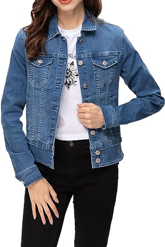 FASHIONSPARK Women's Basic Button Down Denim Jacket, Casual Long Sleeve Fitted Jean Jacket with Pockets