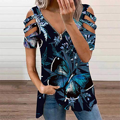 KNFATEQVEDG Túnica feminina ombro frio plus size sexy com tiras vazadas com zíper solto camiseta lar