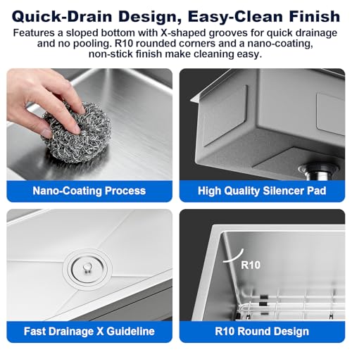 30 Inch Undermount Kitchen Sink - DuyviSteil 30x18 Single Bowl Kitchen Sink 16 Gauge Stainless Steel Handmade Round Corner Sinks with Bottom Grid & Drain Assembly by DuyviSteil - Used condition - Image 4