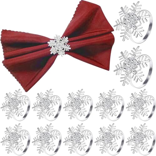 Funmo 12 Stück Weihnachten Schneeflocken Serviettenringe, Silber Serviettenhalter Schneeflocken Serviettenschnalle für Weihnachten Mittagessen Thanksgiving Party Urlaub Hochzeit Tischdekoration