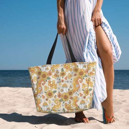 Retro 70s 60s Flower Large Beach Bag Waterproof Sandproof Swim Tote Pool Bag For Women With Zipper 5