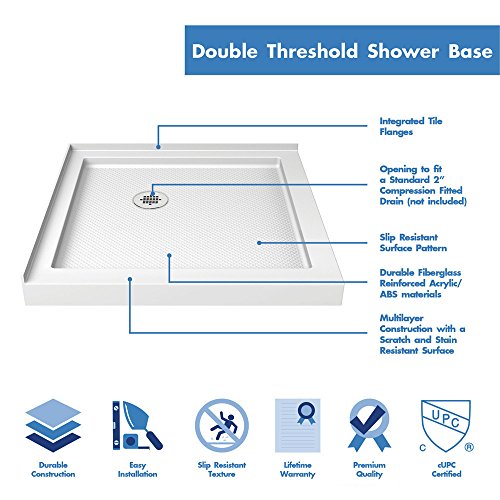 DreamLine SlimLine 36 in. D x 36 in. W x 2 3/4 in. H Corner Drain Double Threshold Shower Base in White, DLT-1036360 - Image 4
