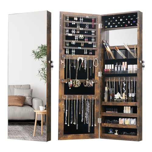 MASMIRE Full Length Mirror Jewelry Armoire Jewelry Cabinet - 2-in-1 Organizer for Makeup and Jewelry Lockable Storage Over The Door Mirror With Jewelry Storage- Rustic Brown