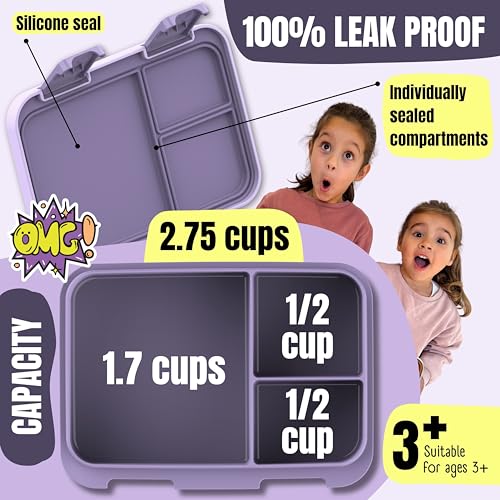 Image of BEARFOOT Kids Lunch Box with Compartments - Compact & Lightweight | Leak-Proof, BPA-Free, Dishwasher Safe | Hand-Drawn Design for Preschool, School, Travel (Sticker Purple, 2.75 Cups)