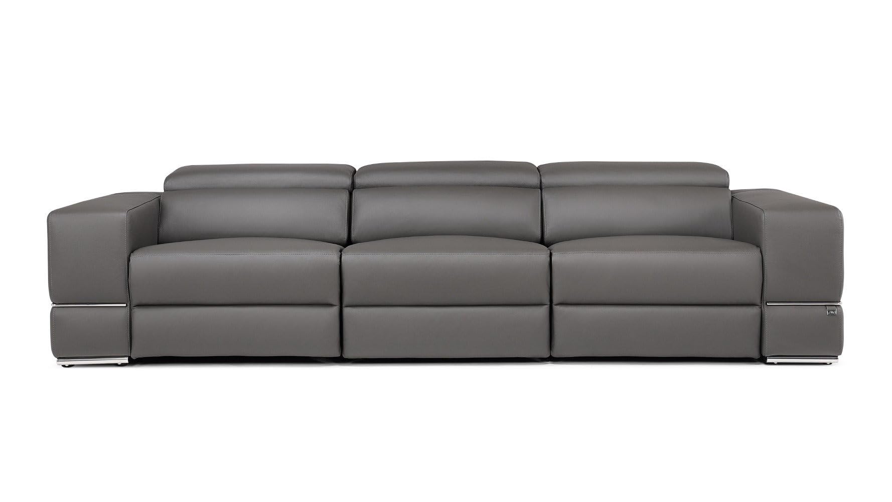 ZURI Modern Leather Luxor Reclining 3-Seater Sofa with Power Headrests - Slate