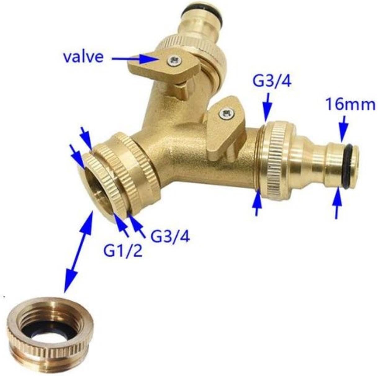 Sdoppiatore per tubo da giardino, valvola di irrigazione a 2 vie, struttura in rame G1/2 G3/4