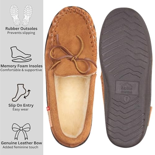 Alpine Swiss Sabine Womens Moccasin Slippers Genuine Suede House Shoe Memory Foam Insole Plush Faux Shearling Fur Indoor Outdoor Anti-Slip Rubber Sole2