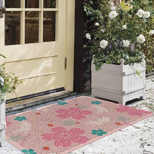 Ooomigasusi 玄関マット 和風 桜 可愛い猫 ピンク色 ドアマット 60×90cm 屋内 屋外 ループ状 泥落とし 滑り止め付 吸水 足ふき 洗える 業務用 自宅用 厚手 浴室 お風呂 円角長方形 丈夫 抗菌 防臭