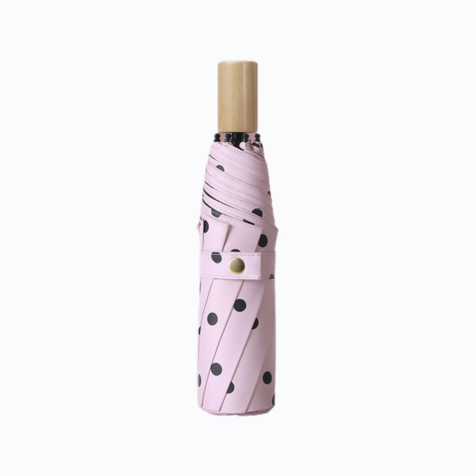 LXZSMH Folding Umbrellas, Windproof Travel Umbrella, Polka Dot Solid Wood Handle Compact Folding Umbrella, 8 Ribs UPF 50+ UV Protection, Men Women(Pink)