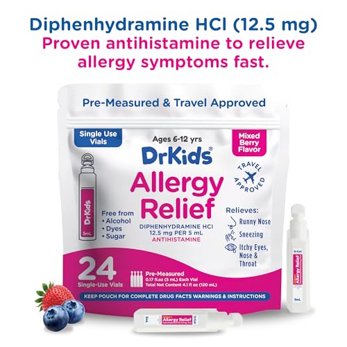 Image of Dr. Kids Children's Allergy Relief Medicine with Diphenhydramine HCl 12.5 mg - Pre-Measured Single-Use Vials, Kids Antihistamine for Sneezing, Runny Nose & Itchy Eyes, Mixed Berry Flavor, 24 Count