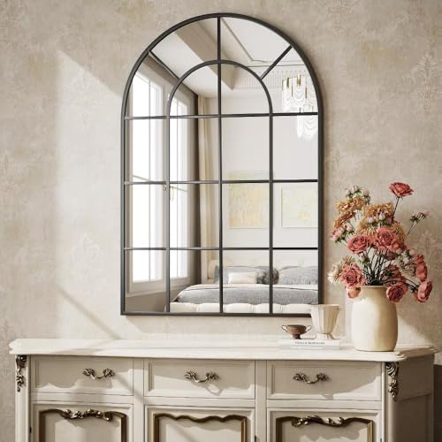 Kdtoll Espejos Decorativos de Pared 101 x 75 cm, Espejo Tipo Ventana con Marco de Metal, Espejos Grandes de Pared con Diseño Cuadrícula, Espejo Pared Vintage para Baño, Dormitorio, Pasillo y Salón
