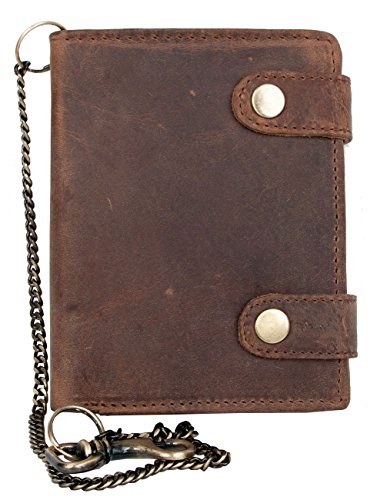 FLW Genuine Leather Biker's Wallet with Two Buckles and Metal Chain