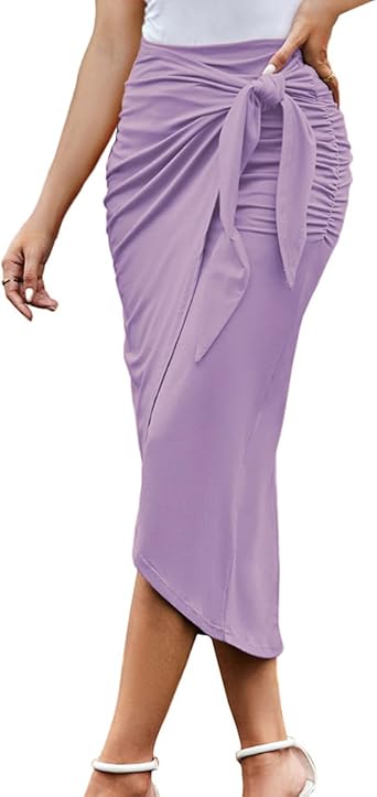 Women Ruched Pencil Skirt High Waist Wrap Tie Front Asymmetrical Long Maxi Skirts Bodycon with Slit