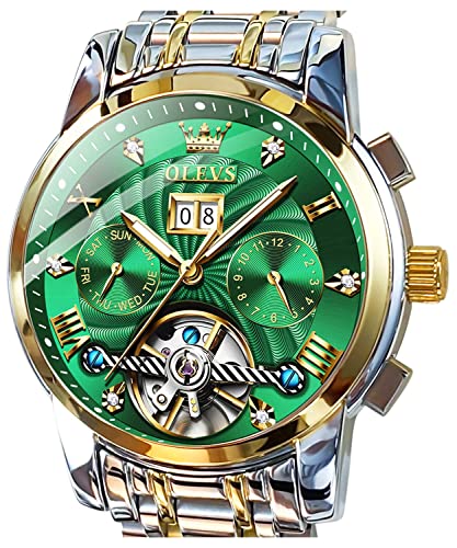 OLEVS Men's Green Automatic Watches Tourbillon Mechanical Luxury Dress Multi Calendar Stainless Steel Waterproof Luminous Wrist Watches