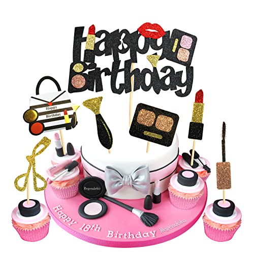 Regendeko Tortenstecker aus Papier, Happy Birthday Lady Mädchen Schwarzgold Lippenstift Tortendeko Schminke Kuchendekoration Cupcake Toppers Geburtstagskuchen Deko