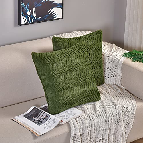 YUSOKI Luxury Faux Fur Throw Pillow Covers-18 x18,Set of 2-Decorative Fuzzy Fluffy Cozy Pillow Cases for Sofa Couch Bedroom Without Insert(Olive Green,18"x18")