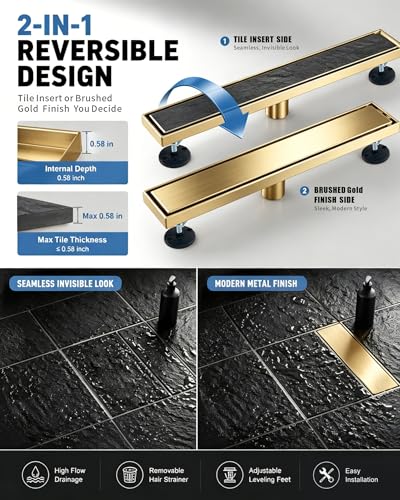 Image of 12 Inch Brushed Gold Linear Shower Drain | CUPC Certified 2-in-1 Tile Insert for Curbless Showers. 304 Steel, 15.8GPM Flow. Includes Hair Catcher & Adjustable Feet.