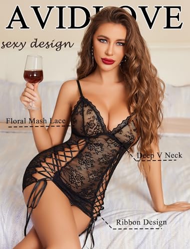 Avidlove Lingerie for Women Sexy Lace Up V Neck Babydoll Floral Sleepwear Strap Boudoir Outfit2