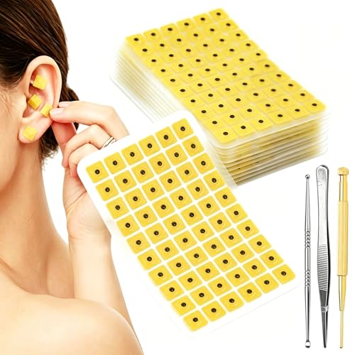 1200 Piezas Akuppuntura Oído Almohadillas,con Acupuntura Masaje Pen,Semillas Prensa Orejas,Parches de Acupresión y Auriculoterapia,Almohadillas Adhesivas con Semillas de Vaccaria,Amarillo