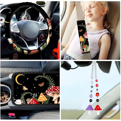 17 Pcs Mushroom Car Seat Covers Car Accessories Full Set for Women Men Automotive Rear Front Seat Protector View Mirror Hanging Ornament Steer Wheel Belt Cover(Forest Mushroom)