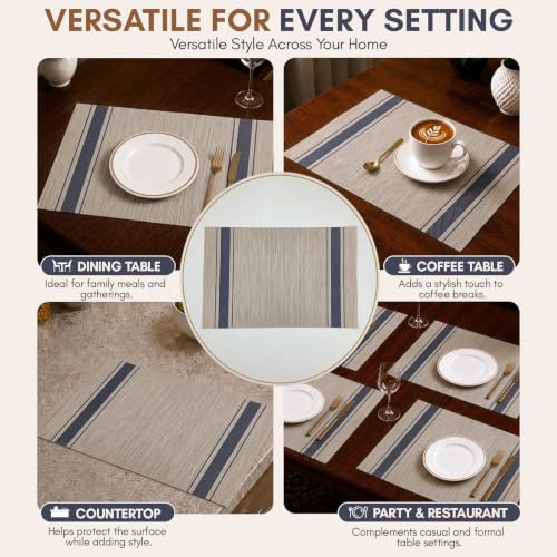 Image of Solitude Set of 6 Dining Table Placemats | Non-Slip PVC Table Mats, Heat Resistant, Washable, Stain-Resistant Surface, (Beige & Blue, 45 x 30 cm)