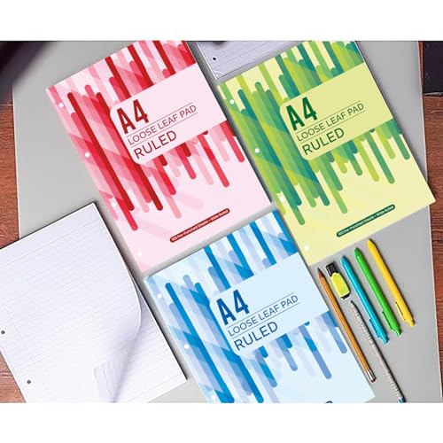 Image of amazon basics Loose Leaf Report Pad | A4 Size | Ruled | Pre Punched for Easy Filing | Easy Tear Off Sheets | Multi-Coloured Cover | Pack of 3 (100 Sheets Each)