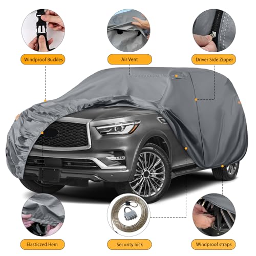 Image of Waterproof Premium Car Covers Replace for 2004-2025 Infiniti QX80 / Nissan Armada, 10 Layers Heavy Duty with Cotton Liner Car Cover with Zipper Door, Windproof Bands for Snow Rain Dust Protection