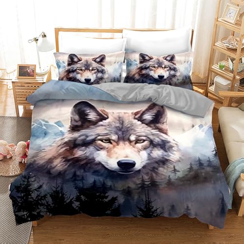 IUNTWEIE Housse de Couette Loup 220x240,en Microfibre Housse de Couette 3D avec Fermeture éclair Motif Loup Douce et agréable pour Le Sommeil (Loup -2,220x240cm)