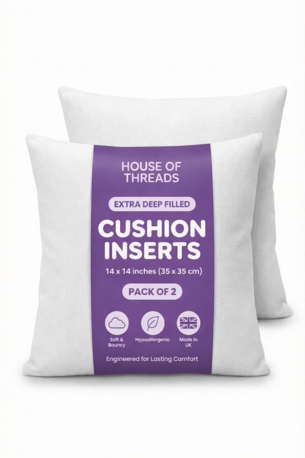 HT House Of Threads Cushion Inserts | 14 x 14 Inch (35 x 35 cm) White Cushion Pads | Extra Deep Filled Hotel Quality Cushion Inserts | Premium Hollowfibre Throw Pillows | 2 Pack