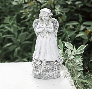 garden mile Winged Angel White Stone Effect Garden Statue with Posy - Angelic Ornament Sculptures for the Garden, Traditional Flower Bed Decor, Decorative Collectable Garden Figurine for Outdoor