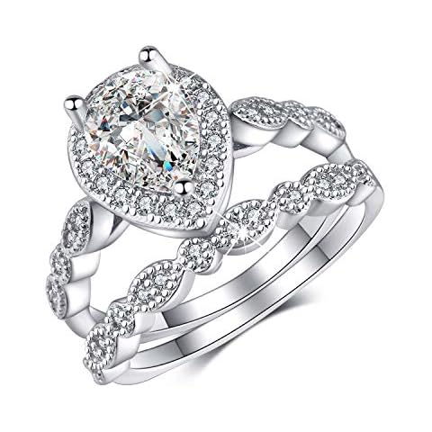 MADEONE 18K White Gold Plating Excellent Pear Cut Cubic Zirconia CZ Stone Diamond Halo Ring/Teardrop Ring Set Christmas Jewelry Gifts for Women with Box Packing Size 5-10 (5) Cover