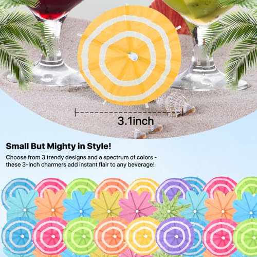 【150 PCS - 3 Styles】Cocktail Umbrellas Picks, Mini Drink Umbrella Toothpicks for Tropical Tiki Hawaiian Luau Party, Tiny Paper Parasol for Drink Garnish, Decoration, Beverage Sticks, Cupcake Topper.